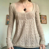 Women's Spring 2023 New Vintage Low-Cut Square Collar Twist Khaki Woolen Top-Outfit