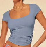 New Hot Women Decorate Body Solid Color Summer Square Neck Casual T-Shirt