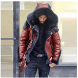 Fongt Men's Imitation Leather Plus Thick Fur One Short Zipper Coat Hooded Men's