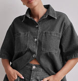 Fongt Summer Women's Casual Retro Loose Shirt Denim Shorts Set Denim