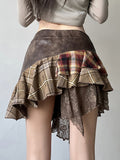 Fongt Cloth Forgets The Stray Girl Wasteland Wind Wearing A Check-And-Dress Splicing Skirt Retro V-Shaped Waist Lace Skirt