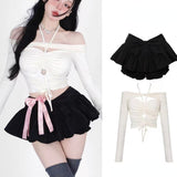 Spring Off Shoulder White Crop Top Women's Black Mini Pleated Skirt Cute Two 2 Piece Outfits for Shorts Set Women Shirts-Outfit