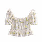 Women Sweet Fashion Retro Embroidery Blouses Vintage Square Neck Puff Sleeve Frenulum Of Back Female Chic Short