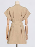 Fongt Spring New Fashion Solid Color Collar Design With Belt 100 Folds Short Dress Dress