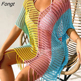 Contrast Color Sexy Loose Pullover V-neck Tassel Hollowed Out Beach Sunscreen Bikini Beach Blouse Bathing Suit WomenCover
