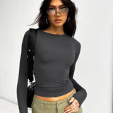 Fongt Spring And Summer Women's New Solid Color Collar Repair Shirt Long-Sleeved T-Shirt Top