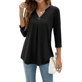 Color Five Yards A Large Number Of Burst Seven-Point Sleeve Solid Color V-Neck Buckle Folded T-Shirt Top