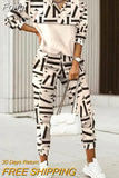 Autumn Lady Casual Long Pants Suit Women Patchwork Zip Top Print Trousers Set Loose High Waist Pants Two Piece Set