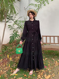 Fongt Wooden Ear Collar Buckle Tie With Long Hollow Lace Splicing French Bubble Sleeve Dress