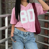 Fongt Spice Style Oversize Letter Print Short-Sleeved T-Shirt V-Neck Loose Slim Base Top-Outfit