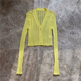 V-neck Solid Cropped Cardigan Women Korean Autumn Long Sleeve Thin Ice Silk Knitted Sweaters Air Conditioner