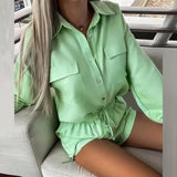 Fongt 2024 Women's New Casual Solid Color Shirt Rope Lace Shorts Fashion Suit