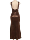 Brown Sequin Backless Maxi Dress-Outfit