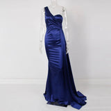 Shoulder Padded Sexy Satin Maxi Evening Party