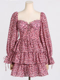 Fongt Spring New Fashion Fresh Sweet Wind Tling With Belt Print Bubble Sleeve Bra Short Dress