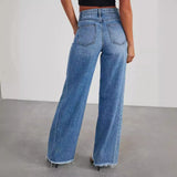 Fongt Women's New Products Loose Broad Legs Side Seam Stitching Side Hem Jeans Women 32150