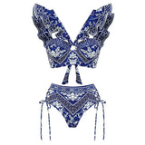 High-Belt Strap-Print Split Swimsuit Woman 2025 New Bikini Skirt Three-Piece Lotus