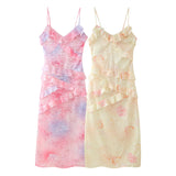 New Spring Style Two-Color Slim Printed Lotus Leaf Lace Dress-Outfit