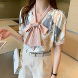 Chiffon Women's Blouses New Casual Fashion Short Sleeve Top Printing Bow Tie V-neck Shirt Summer Lady