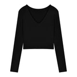 Fongt Women's Short Slim Long Sleeve With Bottom Shirt Autumn 2024 New Sexy V-Neck Collarbone Student Top