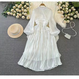 Fongt Korean Version Of The Lantern Long Sleeve To Receive The Waist Thin Folded Folded Lily Dress Seaside Long Skirt