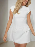 Fongt Spring And Summer New Women's Pure Color Round Neck Pocket Design Waist Repair Dress