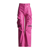 Fongt Barbie Powder Series Autumn 2024 New Medium Waist Long Mop Style PU Leather Multi-Pocket Cargo Pants-Outfit