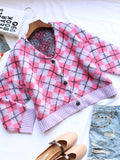 Dark Fashion Argyle Printing E-girl Sweaters Gothic Single Breasted Button Front Caridigan V-neck Color Blocking