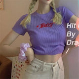 Style Baby Embroidery Pink T Shirts Women Harajuku Summer Stretch Knitted Short Sleeve Crop Top Tee T-shirt