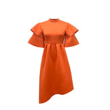 Summer Double-layer Ruffle Ruffled Sleeve Solid Color Wide Hem Dress
