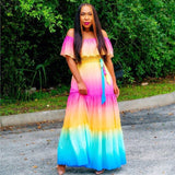 African Long Maxi Dresses for Women Dashiki Shoulder off Tie-dye Summer Dress Plus Size Robe Femme Vestidos American