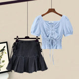 Women Summer Two Pieces Set Korean V Neck Short Sleeve Top And Ruffles Patchwork Denim Skirts Sets Streetwear
