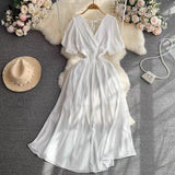 Fongt Summer New Temperament V-Neck Elasticity To Collect The Waist Of The Long Seaside Vacation Beach Chiffon Dress Woman