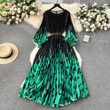 New Women's Dress Dress Oversized Printed Pleated Pleated Waist Belt Holiday Skirt-Outfit