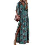 Fongt 2023 New Fashion V-Neck Short-Sleeved Loose Bohemian Side Slit Dress Print Dress-Outfit