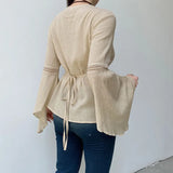 Fongt And Casual Wind Jacquard Net Cloth Lotus Leaf Sleeve Shirt Female New Versatile V Collar Bandwidth-Outfit