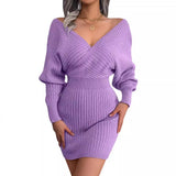 2025 Sexy Crossing V-Neck Battender Bags Sweater Dress Women's