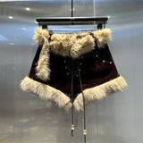 Low Waist Lace-up Fur Trim Shorts-Outfit