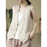 Fongt Retro Art Hook Sleeveless Vest Lady Loose V Collar Horse Clip Single Buckle Cardigan