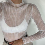 Fongt Wind Early Autumn New Women's Long Sleeve Mesh Perspective T-Shirt Women's Solid Color High Collar Slim Top-Outfit