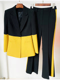 QUALITY Newest 2023 Star Style Fashion Designer Runway Suit Set Women's Single Button Color Block Blazer Flare Pants