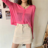 Thin Knit Cardigan Women V-Neck Knitted Casual Transparent Sweater Shirts Lady Simple Solid Outwear for Female-Outfit