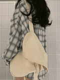 Checkered Puff Sleeve Button Blouse-Outfit