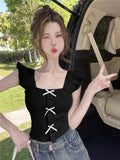 Fongt New French Light-Cooked Ins Top Flying Sleeve Bow Knitted Summer Sling Sling Sling