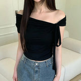 Word Solid Color Irregular Bandage And Knot On The Shoulder Is Sexy In Summer, Wrinkled And Skinny T-Shirt.-Outfit