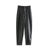Vintage Stylish Pu Leather Pockets Pants Women Fashion Hight Waist Ankle Trousers Sweatpants Casual