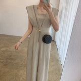 Fongt Chic Summer Retro Square Collar Collect Waist Show Thin Loose Versatile Long Sleeveless Jumpsuit Wide Leg Pants Woman-Outfit