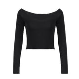 Summer Women's Wear European Station Ins Street Word Shoulder Solid Color Basic Slim Long-Sleeved T-Shirt-Outfit