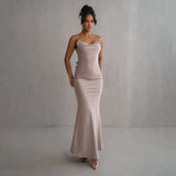 Fongt Summer Satin Temperament Condole Back Sexy Slim Evening Dress