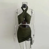 Skirts Womens Outfit 2021 Summer Sexy Dress Sets Halter Soft Crop Top Drawstring Off Shoulder Lady Snug Two Piece